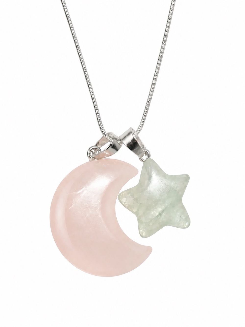 Boho hippie Rose Quartz Crystal Moon 🌙 and Fluorite Star Sterling Silver Neckl…